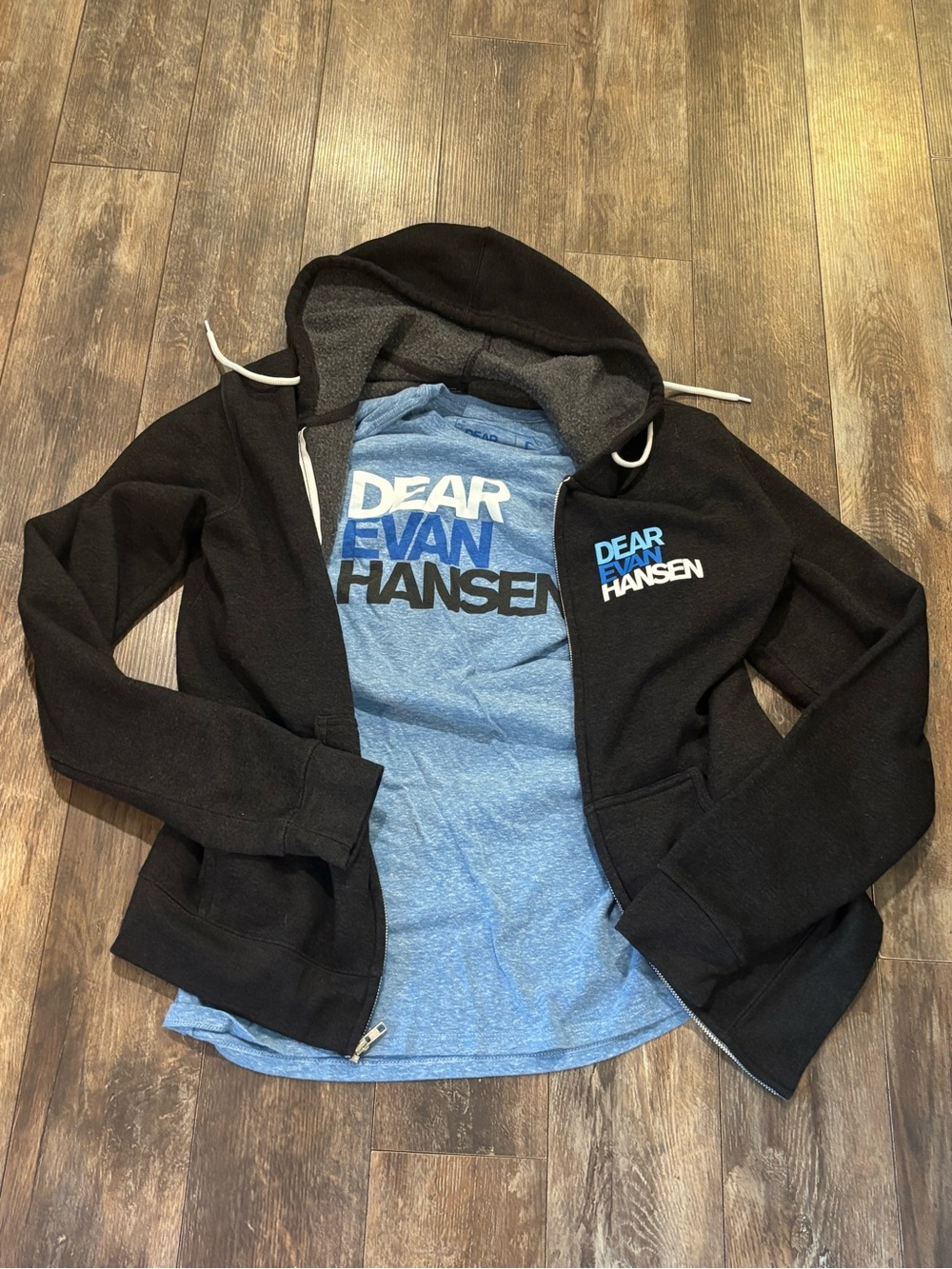Dear Evan Hansen Gray Zip Hoodie and t-shirt with Blue Logo